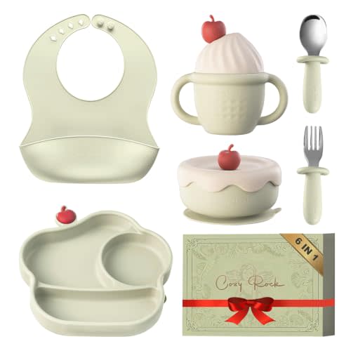 Silicone Baby Feeding Set, 6 Piece Baby Dinnerware COZY ROCK Silicone Baby Feeding Set, Gelato Collection Baby Led Weaning Supplies, First Self-Feeding Set with Silicone Suction Bowl & Plate, Straw