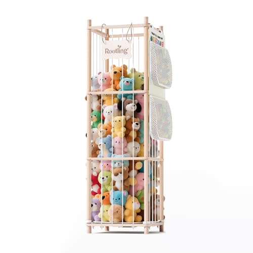 Rootling Stuffed Animal Storage & Organizer, 54 inch Tall Wooden Cute Zoo Toy Holder w/Building Block Storage Bag, Premium Wooden Material with Elastic Cord For Toddler Rooms, Playrooms & Bedrooms