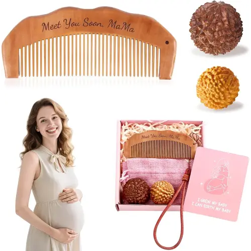 3 Pcs Birthing Comb & Acupressure Massage Ball Set, Wooden Labor Comb for Pain, Delivery Essentials Pregnancy Must Haves, New Mom Gifts for Labor Pain Relief