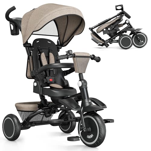 TODEFULL Toddler Tricycle with Push Handle & 1 Step Brake, Foldable Trike | Kids Tricycle with Removable & Adjustable Canopy, 5-Point Harness, Toddler Bike Tricycle for Kids 1-6 Years, Storage Basket