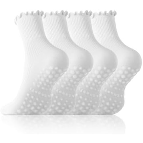 Pilates Socks for Women Cute Ruffle Yoga Crew Socks with Grips Non Slip for Barre, Workout, 4 Pairs