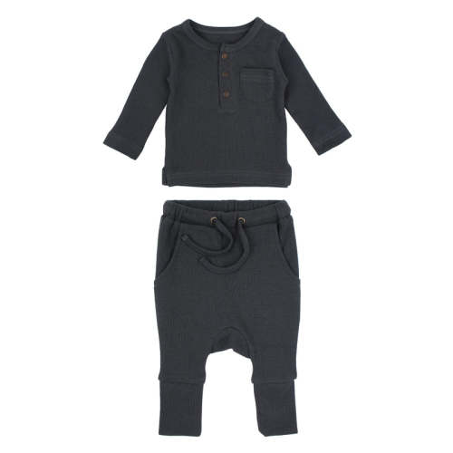 Organic Thermal Henley & Jogger Set in Coal 0-3m
