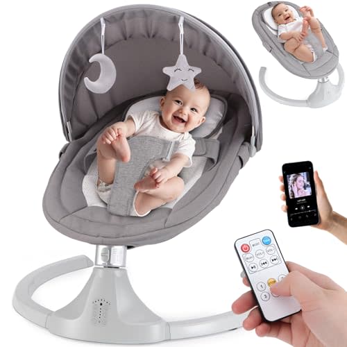 harhoers Baby Swing for Newborns 0-6 Months, Electric Infant Swing with Bluetooth & Remote Control, 5-Speed Portable Rocker with 12 Soothing Lullabies, 3-Point Widened Harness, ASTM Certified