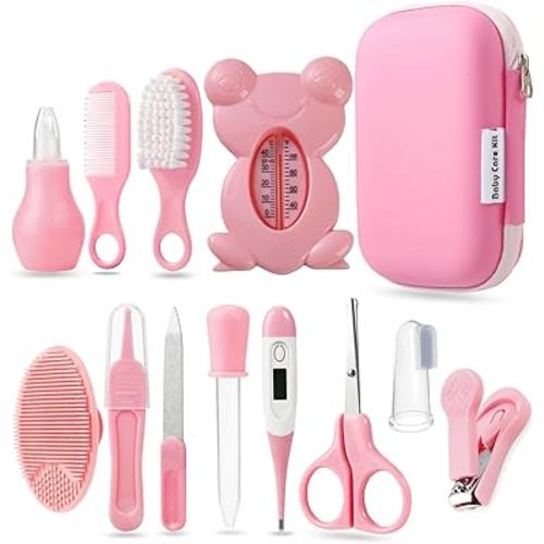 PandaEar Baby Healthcare and Grooming Kit, Baby Safety Set Baby Comb, Brush, Finger Toothbrush, Nail Clippers, Scissors, Nasal Aspirator, Baby Essentials Nursery Care Kit (13-in-1 Pink)