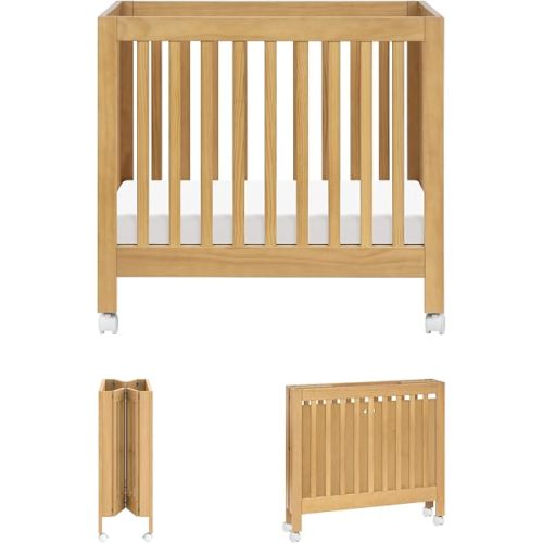 Babyletto Origami Mini Portable Crib Folding with Wheels in Honey, 2 Adjustable Mattress Positions, Greenguard Gold Certified