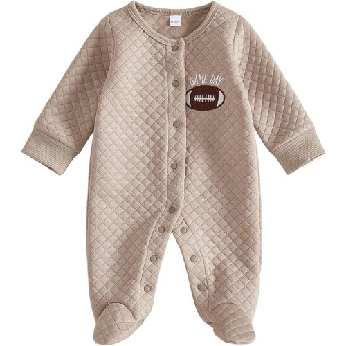 Baby Boy Football Outfit Newborn Quilted Romper Footie Game Day Clothes | Round Neck Onesie, Long Sleeve Jumper, Embroidery Jumpsuit, Football Season Clothing, One Piece, Fall Winter Coverall Overall