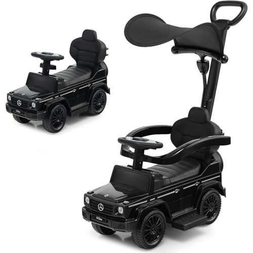 Costzon Push Car for Toddlers, 3 in 1 Mercedes Benz Stroller Sliding Walking Car w/Canopy, Handle, Armrest Guardrail, Underneath Storage, Horn Sound, Foot-to-Floor Ride On Toy for Boys Girls (Black)