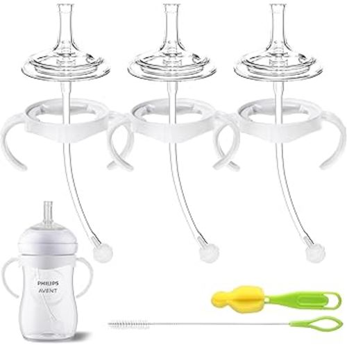 Straw Cup Conversion Kit for Philips Avent Natural Baby Bottles, Sippy Cups Transition Kit with Silicone Straw Top Nipples, Weighted Straw, Bottle Handle, Cleaning Brush for Toddler 6+ Month, 3-Pack