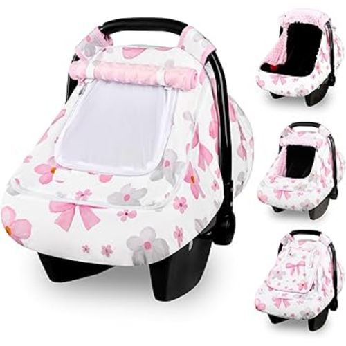 Hooyax Baby Car Seat Cover with Dual Zipper, Extra Large Mesh Window Carseat Canopy, All-Season Weather Protection for Infant Car Seats & Strollers (Pink Bow)