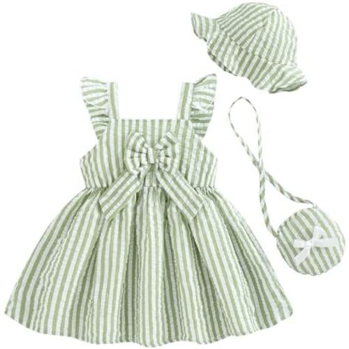 Renotemy Infant Baby Girl Summer Dress Ruffle Flutter Sleeve Bowknot Sundress Gifts Casual Clothes Outfits with Hat and Bag