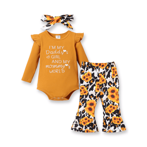 PatPat Baby Girl Clothes Newborn Infant Baby Girls Winter Outfit Long Sleeve Ruffle Romper Floral Bell Bomttom Pants Sets with Headband Ginger 3-6 Months