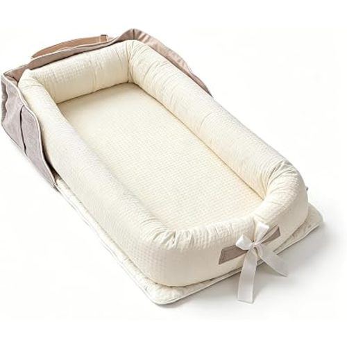 Baby Lounger 0-24 Months Portable,Infant Lounger for Newborn Soft Organic,Adjustable Baby Nest Breathable Fabric & 3D Support for Home & Trave,Newborn Essentials(Beige)