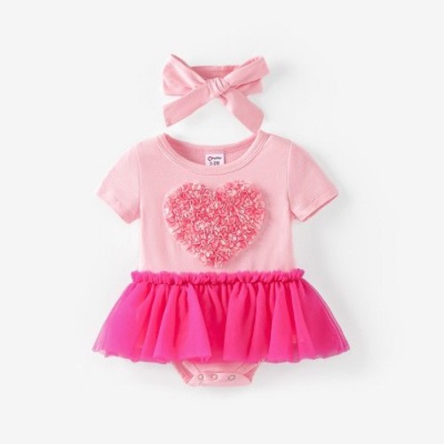 PATPAT Pink Tulle Baby Romper with Heart Design & Headband Cute Infant Short Sleeve Onesies