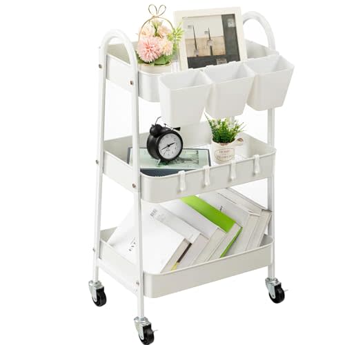 danpinera 3-Tier Rolling Cart, Utility Cart Mobile Metal Rolling Storage Cart with Lockable Wheels & Hanging Cups & Hooks for Kitchen, Bathroom, Office, Workshop, White