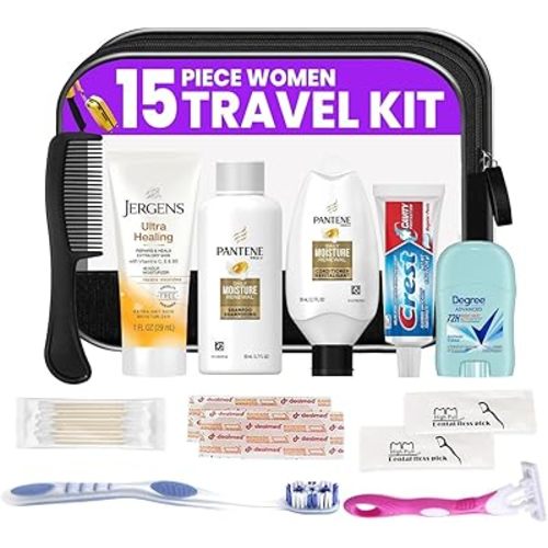Trektote Travel Toiletry Kit For Women – 15 Piece Set of Premium Travel Size Toiletries, TSA Compliant Travel Essentials, Includes Shampoo And Conditioner, Body Wash, Toiletry Bag & More