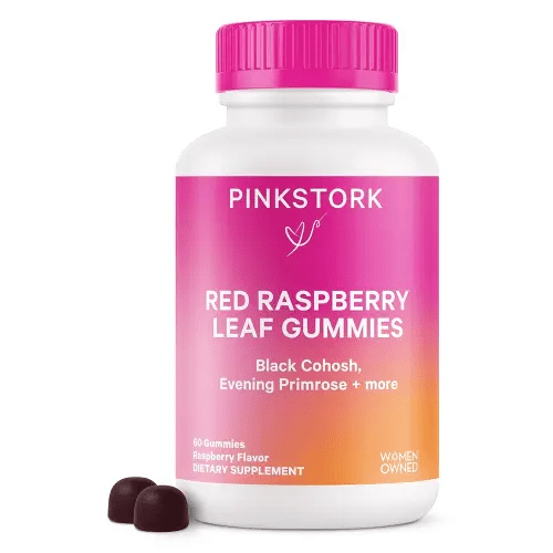 Pink Stork Red Raspberry Leaf Gummies - Third Trimester Labor Prep + Postpartum Mood Essentials with Evening Primrose Oil + Black Cohosh - 60 Vegan Gummy Supplements, Non-GMO
