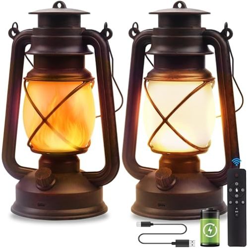 Lantern LED Battery Powered Camping Lamp Outdoor Hanging Rechargeable Lantern Flickering Flame Retro Lanterns Remote Control 4 Modes Light Non-Solar 2 Pack