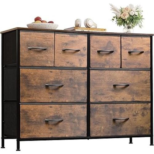 WLIVE Dresser for Bedroom with 8 Drawers, Wide Fabric Dresser for Storage and Organization, Bedroom Dressers, Chest of Drawers for Living Room, Closet, Entryway, Rustic Brown Wood Grain Print