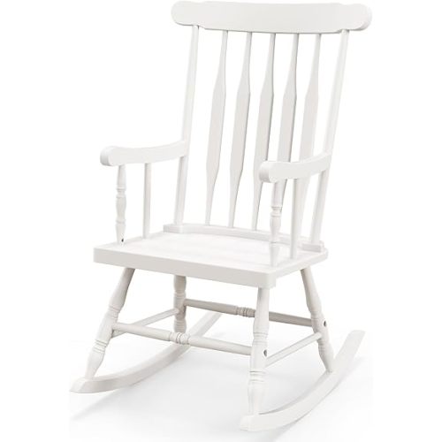 Tangkula Patio Rocking Chair Solid Wood, Outdoor Porch Rocker Chair with Rubber Wood Frame, Indoor Wooden Rocking Chair, Ideal for Garden, Backyard & Balcony (1, White)