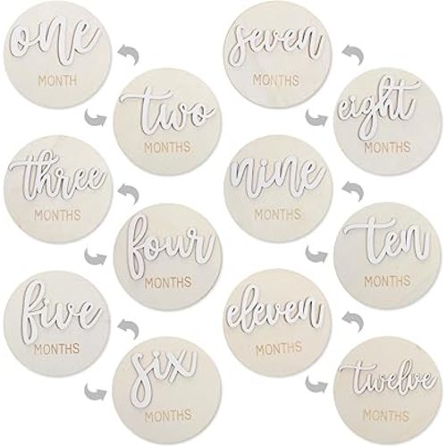 Thinp 6 Pcs Baby Monthly Milestones, Monthly Milestone Signs Wooden Circles for Newborn Baby 1-12 Months Babys Announcement Sign Double-Sided 3D Milestone Cards for Photos Newborn Gift & Keepsake