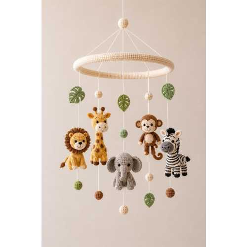 Handmade Crochet Safari Animals Baby Mobile, Jungle Nursery Decor, Lion Giraffe Elephant Monkey Zebra