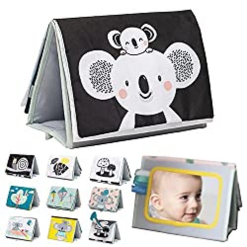 Taf Toys Koala Infant Tummy-time High Contrast Soft Crinkle Activity Book with Huge Baby Safe Mirror, 3D Activities, Textures and a Soft Baby Teether