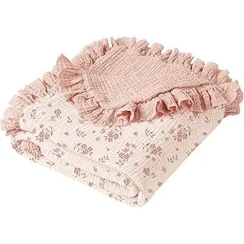 Konssy Flounce Muslin Baby Blanket for Girls Boys, 100% Cotton Soft Crib Swaddle Blankets, Reversible & Breathable Nursery Bedding for Newborns Toddlers, 40 x 36 Inches (Blossom)