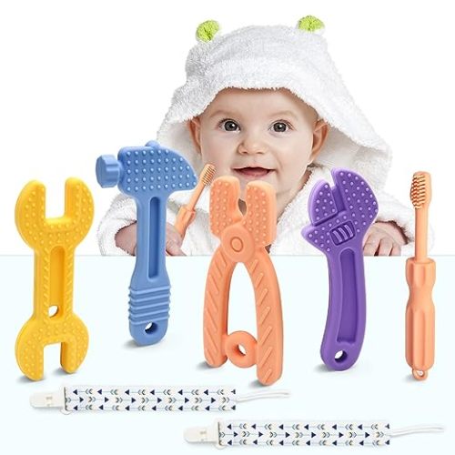 Baby Boy Toys - Baby Molar Teether Teething Toys 0-6 Months 6-12 - Soothe Babies Sore Gums Chew Toys - BPA Free Silicone - 7 Pack - Hammer Set-7 Pack