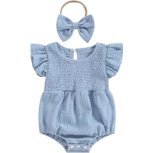 Newborn Baby Girl Clothes Ruffle Sleeve Solid Smocked Bubble Romper Jumpsuit Bow Headband Cute Summer Clothes