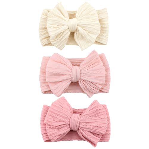 3 Pcs Valentines Baby Bows Headbands Soft Nylon Hairbands Super Elastic Headband Hair Accessories For Baby Girls Infant Toddler Essentials (Pink Beige Blush, Mid)