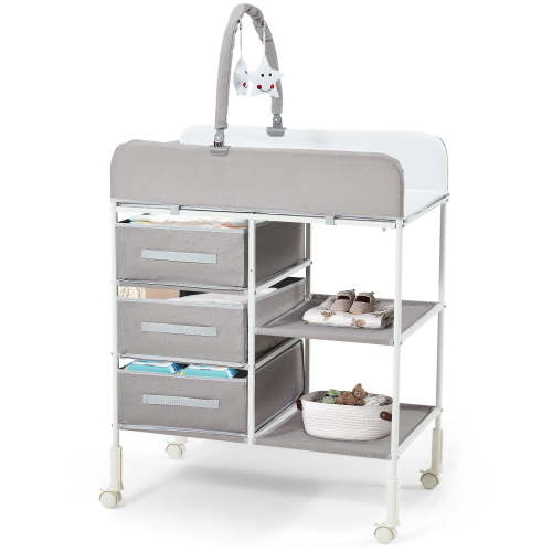 HOMMOW Baby Changing Table, Diaper Changing Table with Waterproof Pad, Portable Changing Table with 3 Storage Baskets and Toy, Mobile Nursery for Infant and Newborn