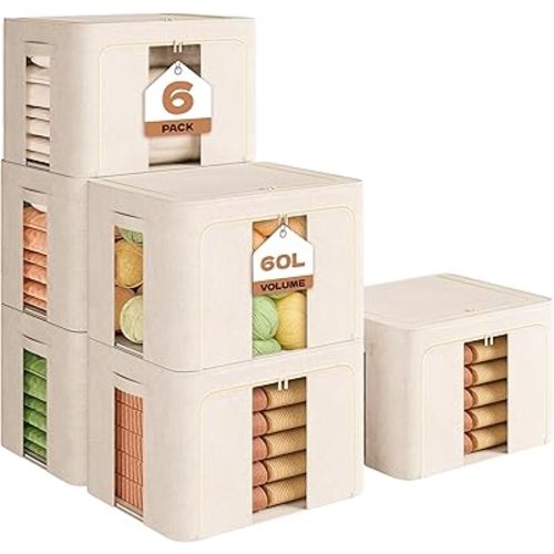 6Pack 60L Large Cloth Storage Bins with Metal Frame, Linen Storage Box with Clear Window, Stackable Sweater Storage for Closet, Clothes Containers for Comforters, Blankets, Quilts, T-shirt
