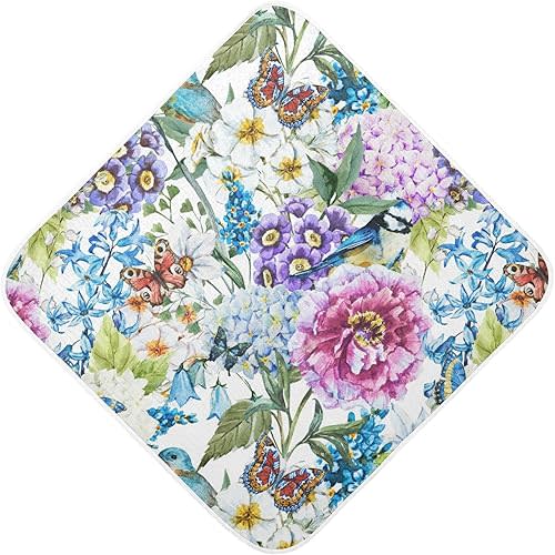 Pigsaly Watercolor Flowers Birds Butterfly Hooded Baby Towel Retro Peony Flower Baby Bath Towel Unisex Toddlers Hooded Towels Cotton Boy Washcloths Girl Shower Towel for Infant Newborn 30 X 30 in