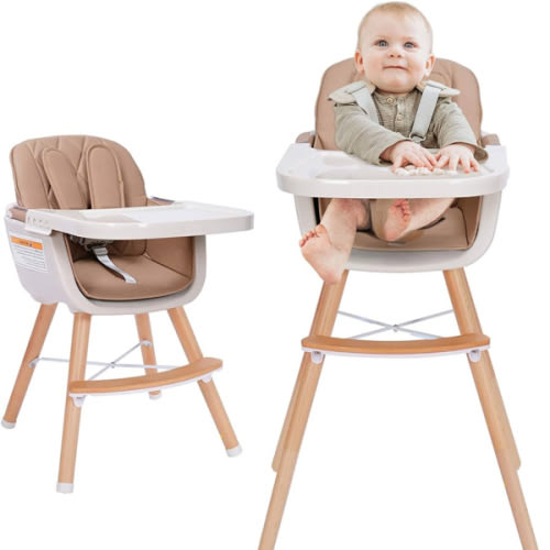 Mallify 3-in-1 Wooden High Chair, Convertible High Chairs for Babies and Toddlers, Baby Highchair with Adjustable Legs & Dishwasher-Safe Tray, Sleek Hardwood & Premium PU Cushion, Brown