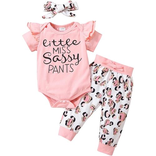 Yvowming Newborn Baby Girl Clothes Infant Baby Ruffle Romper +Pants + Headband 3 PCS Outfits Set (3-6 Months, Light Pink/Leopard)