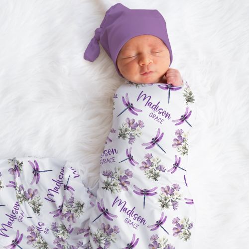 Personalized Dragonfly Swaddle Blanket Wildflower Name Baby Blanket Newborn Baby Girl Coming Home Hospital Photo Outfit Baby Shower Gift