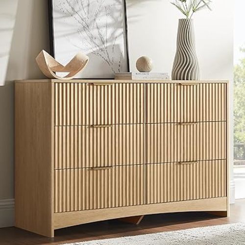 Amada Fluted 6 Drawer Dresser, Modern Wood Chest of Drawers, Natural Oak
