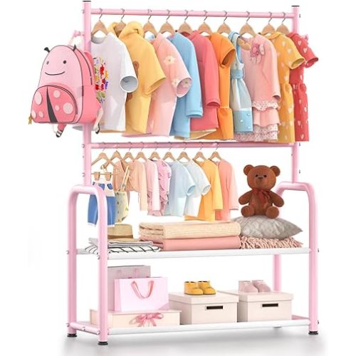 Kids Clothing Rack with 2-Layer Storage Shelf and 2 Adjustable Hanging Rods, Dress Up Rack for Hanging Clothes,Dress up Storage for Baby Toddle Kids(Classic, Pink)