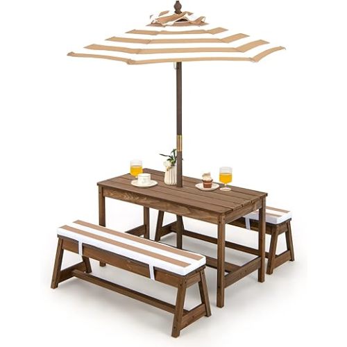 Costzon Kids Picnic Table, Toddler Wood Table & Chair Set w/Cushions, Height Adjustable Umbrella, Children Activity Table Outdoor Furniture Set for Patio, Garden, Backyard, Gift for Ages 3-8 (Coffee)
