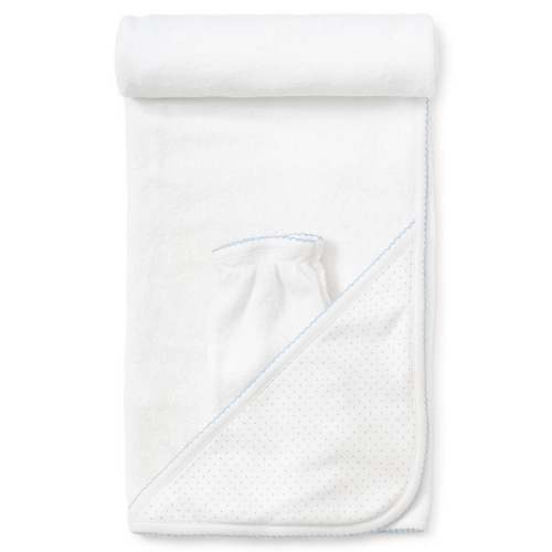 White/Blue New Kissy Dots Hooded Towel & Mitt Set