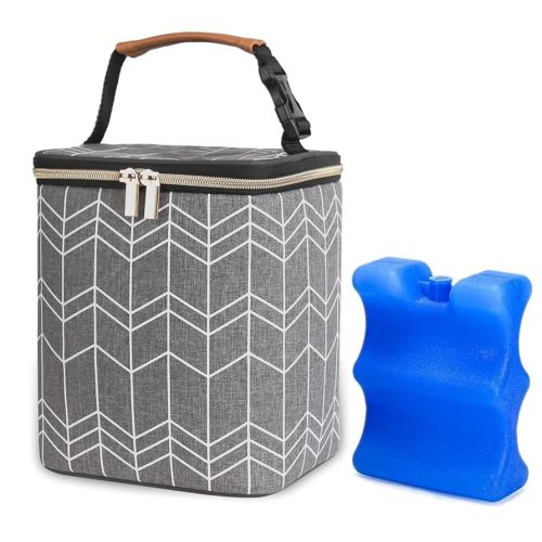Breast Milk Cooler Bag with Ice Pack Fits 4 Baby Bottles Up to 9 Ounce, Baby Bottle Bag Great for Nursing Mom Daycare, Grey