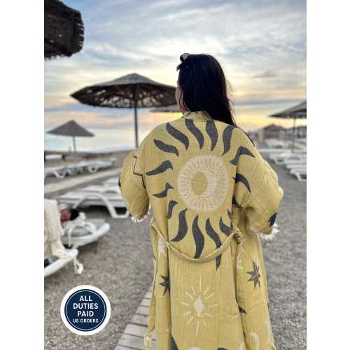 Sun & Moon Jacquard Muslin Kimono: Handwoven Cotton Boho Robe