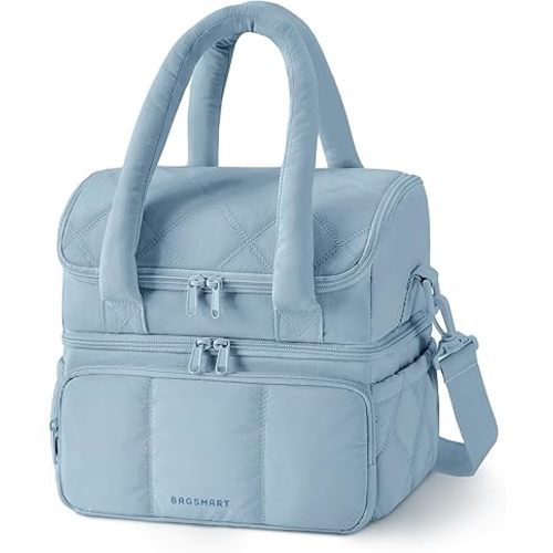 BAGSMART Lunch Bag Women, Double Deck Insulated Lunch Box, Quilted Puffer Lunch Tote, Leakproof, Durable & Reusable Large Lunch Cooler For Work Picnic Travel Meal Prep, Dusk Blue