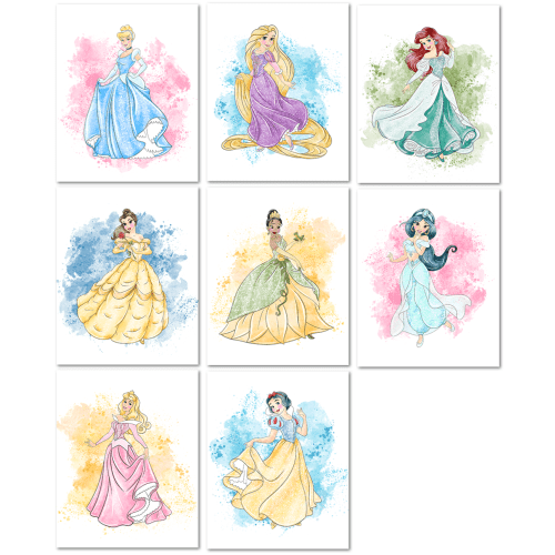 Nistio® Disney Princess Watercolor Prints, Princess Wall Art Posters, Set of 8, Girls Bedroom Poster, Princess Playroom Decor, Nursery Prints, Unframed, 8x10"