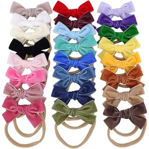 Sugarmelon Velvet Bow Soft Stretchy Headbands for Newborn Infant Toddlers Hair Bow Elastic Bands Baby Girls Nylon Hairband (3.2'' Ambrosia 24 PCS)
