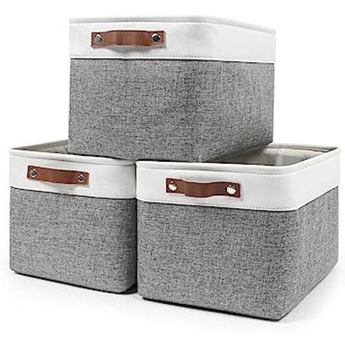 Storage Bins Large Fabric Storage Baskets for Shelves 3 Pack, Decorative Linen Closet Baskets with Handles for Organizing, Shelf, Clothes, Home, Office, 15x11x9.5Inches (Grey&White)