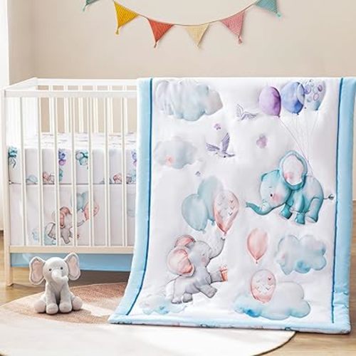 Crib Bedding Set for Baby Boys Girls, 4 Piece Oeko-TEX Certified Nursery Bedding with Fitted Sheet, Quilt, Crib Skirt, Plush Elephant Toy, Gender Neutral Cartoon Animal Style