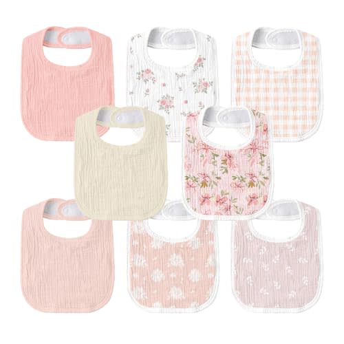 Muslin Bibs for Baby Boy Girl, Adjustable Fit for Drooling and Teething | 8-pk, 100% Cotton Surface & Multi-Layer Absorbent Core, Shrink-resistant & Fade-Proof, Gentle on Sensitive Newborn skin