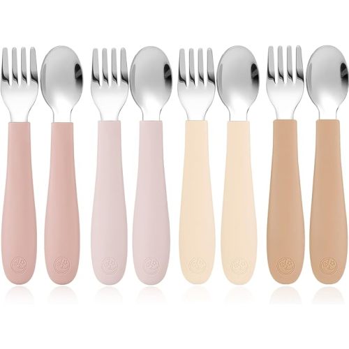 CoixFoam 8 Pieces Toddler Utensils, Toddler Safe Silverware Set With Food Grade Silicone Hanlde, 18/8 Stainless Steel, Perfect Length For New Self Feeders, Dishwasher Safe