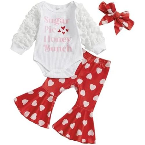 Karuedoo Newborn Baby Girl Valentines Outfit Letter Print Puff Sleeve Romper Heart Bell Bottom Pants Headband 3Pcs Set